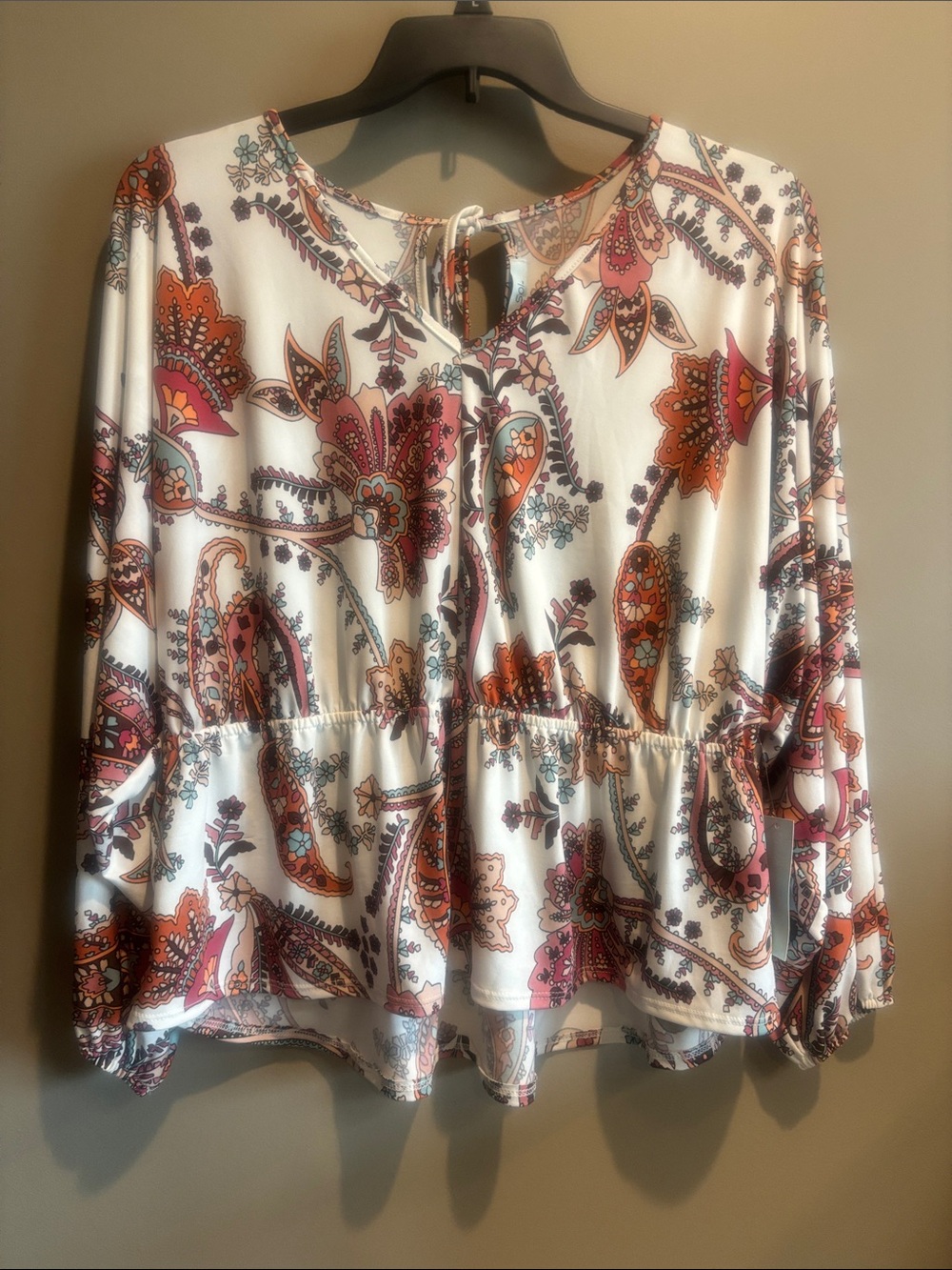 Paisley Peplum Tunic Top in White with Pink & Orange Print